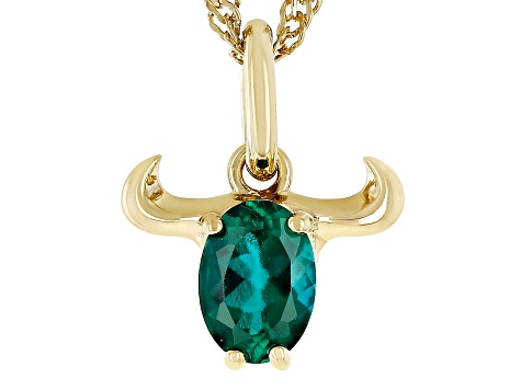 Green Lab Created Emerald 18k Yellow Gold Over Sterling Silver Taurus Pendant With Chain 0.59ct