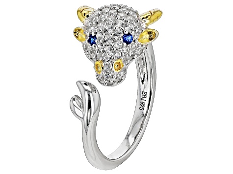 White Zircon with Lab Blue Spinel Rhodium & 18k Gold Over Silver "Year of the Ox" Ring 1.11ctw