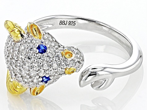 White Zircon with Lab Blue Spinel Rhodium & 18k Gold Over Silver "Year of the Ox" Ring 1.11ctw