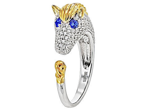White Zircon & Lab Blue Spinel Rhodium & 18k Gold Over Silver "Year of the Horse" Ring 1.17ctw