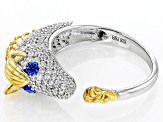 White Zircon & Lab Blue Spinel Rhodium & 18k Gold Over Silver "Year of the Horse" Ring 1.17ctw