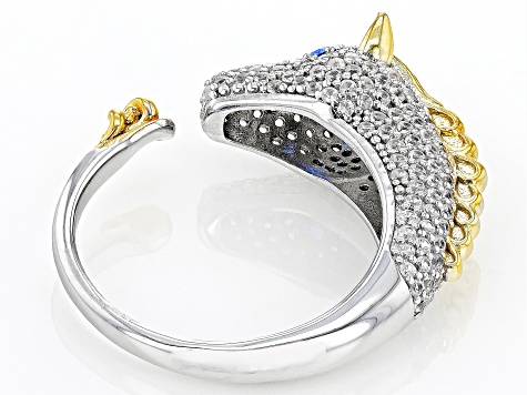 White Zircon & Lab Blue Spinel Rhodium & 18k Gold Over Silver "Year of the Horse" Ring 1.17ctw