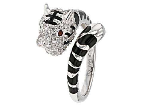 White Zircon with Garnet Rhodium Over Sterling Silver "Year of the Tiger" Ring .55ctw