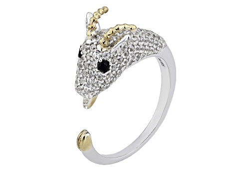 White Zircon with Black Spinel Rhodium & 18k Yellow Gold Over Silver "Year of the Goat" Ring 2.06ctw