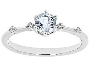 Blue Aquamarine with White Zircon Rhodium Over Sterling Silver March Birthstone Ring .45ctw