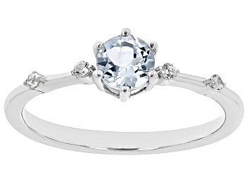 Picture of Blue Aquamarine with White Zircon Rhodium Over Sterling Silver March Birthstone Ring .45ctw