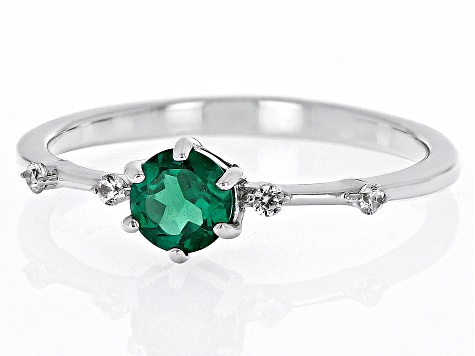 Green Lab Emerald With White Zircon Rhodium Over Sterling Silver May Birthstone Ring .45ctw