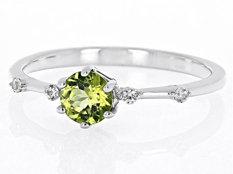 Green Peridot With White Zircon Rhodium Over Sterling Silver August Birthstone Ring .58ctw