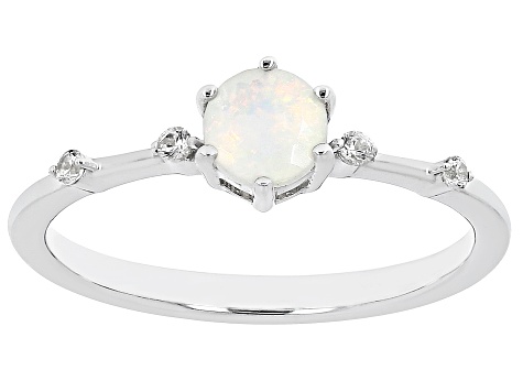 Multi-Color Ethiopian Opal With White Zircon Rhodium Over Silver October Birthstone Ring .33ctw