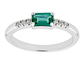 Green Lab Created Emerald With White Zircon Rhodium Over Sterling Silver May Birthstone Ring .49ctw