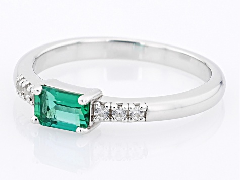 Green Lab Created Emerald With White Zircon Rhodium Over Sterling Silver May Birthstone Ring .49ctw