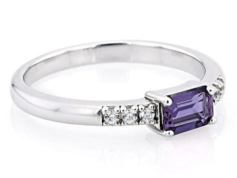 Blue Lab Created Alexandrite & White Zircon Rhodium Over Sterling Silver June Birthstone Ring .58ctw