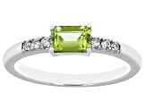 Green Peridot  With White Zircon Rhodium Over Sterling Silver August Birthstone Ring .58ctw