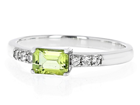 Green Peridot  With White Zircon Rhodium Over Sterling Silver August Birthstone Ring .58ctw