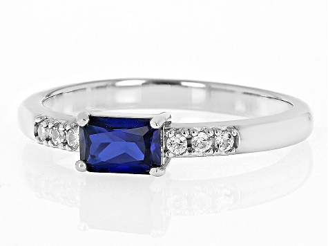 Blue Lab Created Sapphire & White Zircon Rhodium Over Silver September Birthstone Ring .67ctw