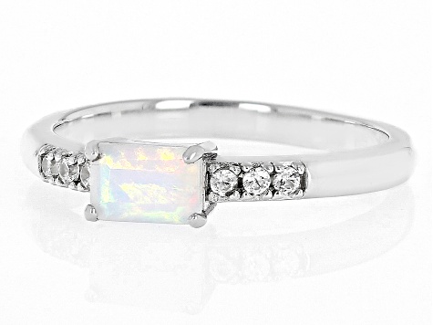 Multi Color Ethiopian Opal with White Zircon Rhodium Over Silver October Birthstone Ring .37ctw