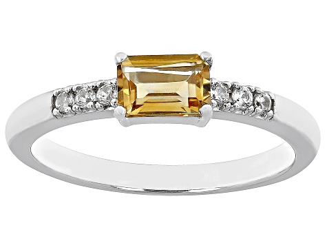 Yellow Citrine With White Zircon Rhodium Over Sterling Silver November Birthstone Ring .58ctw