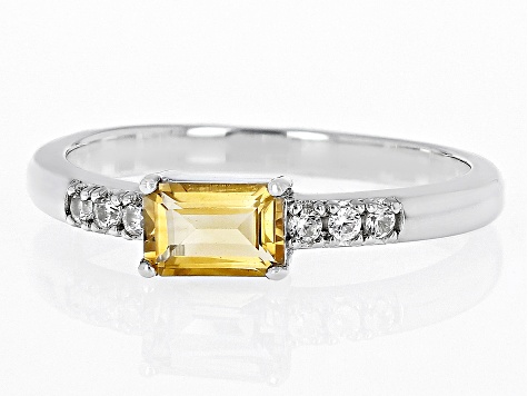 Yellow Citrine With White Zircon Rhodium Over Sterling Silver November Birthstone Ring .58ctw