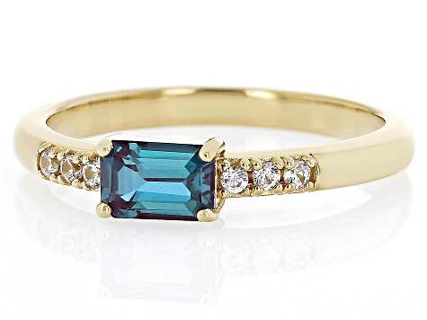 Blue Lab Alexandrite with White Zircon 18k Yellow Gold Over Silver June Birthstone Ring .57ctw