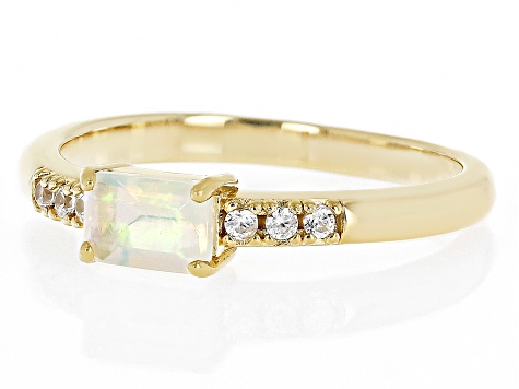 Multi Color Ethiopian Opal with White Zircon 18k Gold Over Silver October Birthstone Ring .37ctw