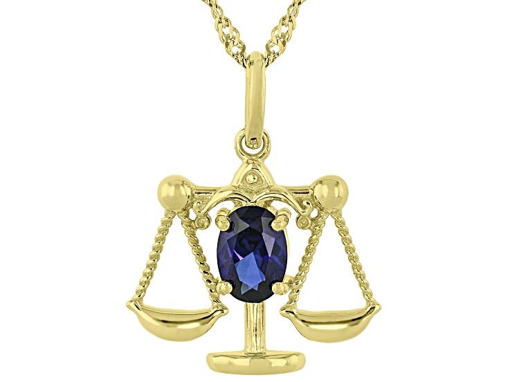 Blue Lab Created Sapphire 18k Yellow Gold Over Silver Libra Birthstone Pendant W/Chain .71ct