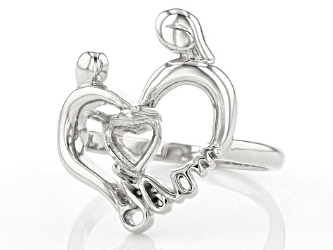 Rhodium Over Sterling Silver 6mm Heart Solitaire Mother & Daughter Semi-Mount Ring
