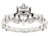 Rhodium Over Sterling Silver 6mm Heart Solitaire Claddagh Semi-Mount Ring