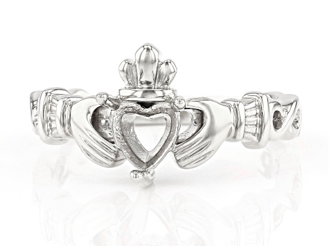 Rhodium Over Sterling Silver 6mm Heart Solitaire Claddagh Semi-Mount Ring