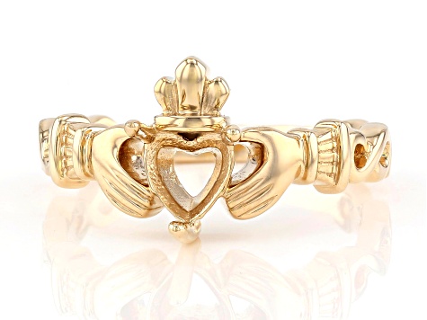 14k Yellow Gold 6mm Heart Solitaire Claddagh Semi-Mount Ring