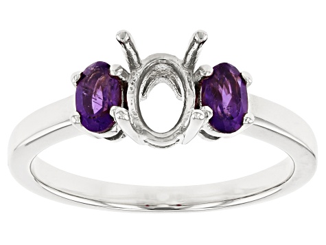 Rhodium Over Sterling Silver 7x5mm Oval With 0.38ctw Oval African Amethyst Semi-Mount Ring