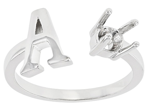 Rhodium Over Sterling Silver 5mm Round Solitaire Initial "A" Cuff Ring