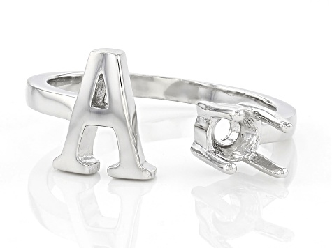 Rhodium Over Sterling Silver 5mm Round Solitaire Initial "A" Cuff Ring