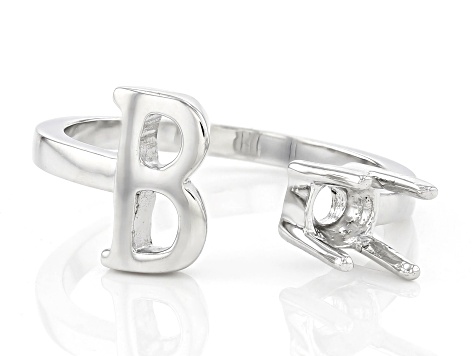 Rhodium Over Sterling Silver 5mm Round Solitaire Initial "B" Cuff Ring