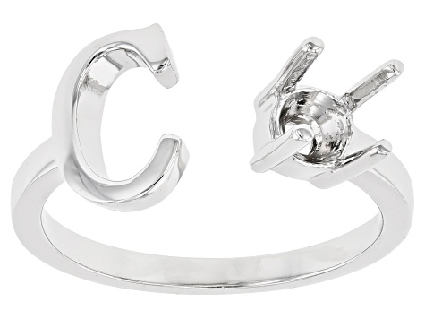 Rhodium Over Sterling Silver 5mm Round Solitaire "C" Initial Cuff Ring