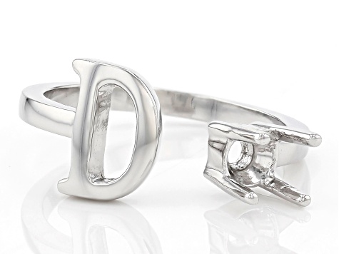 Rhodium Over Sterling Silver 5mm Round Solitaire "D" Initial Cuff Ring