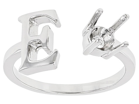 Rhodium Over Sterling Silver 5mm Round Solitaire "E" Initial Cuff Ring