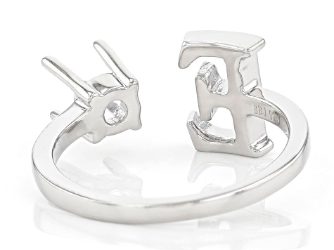 Rhodium Over Sterling Silver 5mm Round Solitaire "E" Initial Cuff Ring