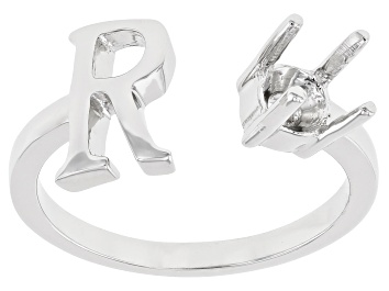Picture of Rhodium Over Sterling Silver 5mm Round Solitaire "R" Initial Cuff Ring