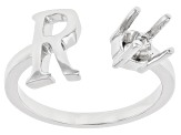Rhodium Over Sterling Silver 5mm Round Solitaire "R" Initial Cuff Ring