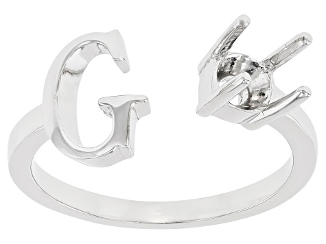 Rhodium Over Sterling Silver 5mm Round Solitaire "G" Initial Cuff Ring