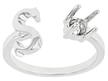 Picture of Rhodium Over Sterling Silver 5mm Round Solitaire "S" Initial Cuff Ring