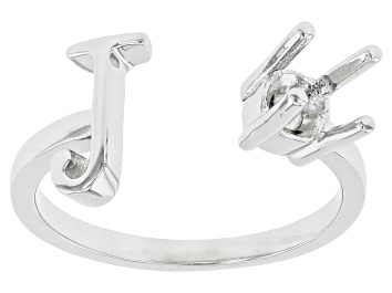 Picture of Rhodium Over Sterling Silver 5mm Round Solitaire "J" Initial Cuff Ring