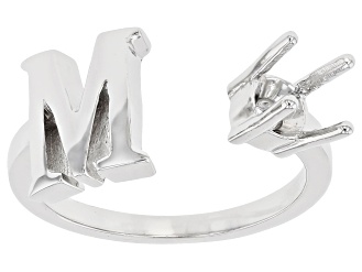 Rhodium Over Sterling Silver 5mm Round Solitaire "M" Initial Cuff Ring