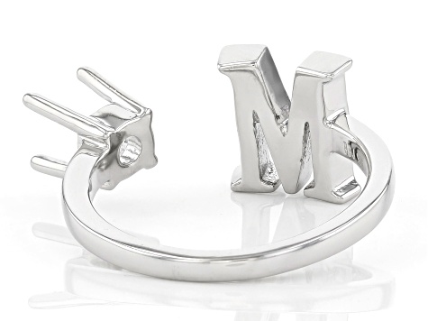 Rhodium Over Sterling Silver 5mm Round Solitaire "M" Initial Cuff Ring