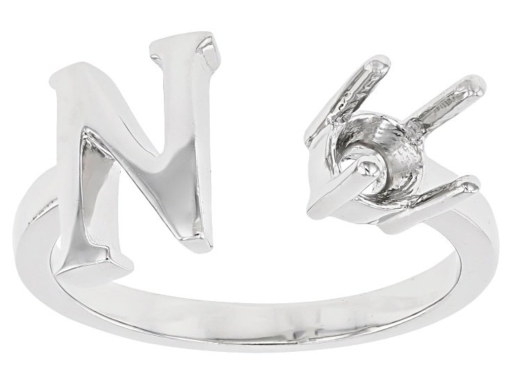 Rhodium Over Sterling Silver 5mm Round Solitaire "N" Initial Cuff Ring