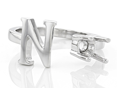 Rhodium Over Sterling Silver 5mm Round Solitaire "N" Initial Cuff Ring