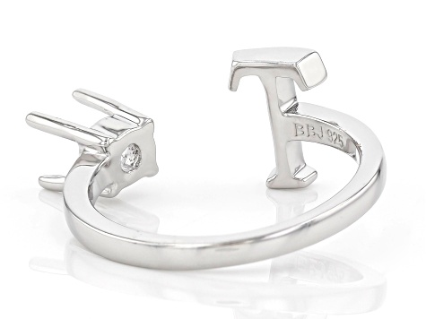 Rhodium Over Sterling Silver 5mm Round Solitaire "T" Initial Cuff Ring