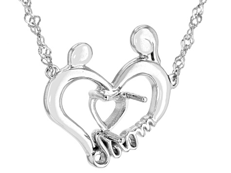 Rhodium Over Sterling Silver 6x6mm Heart Semi-Mount "Mom" Necklace