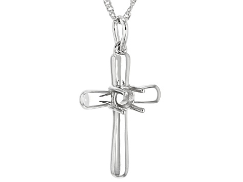 Rhodium Over Sterling Silver 5x5mm Round Semi-Mount Cross Pendant With ...