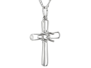 Rhodium Over Sterling Silver 5x5mm Round Semi-Mount Cross Pendant With Chain